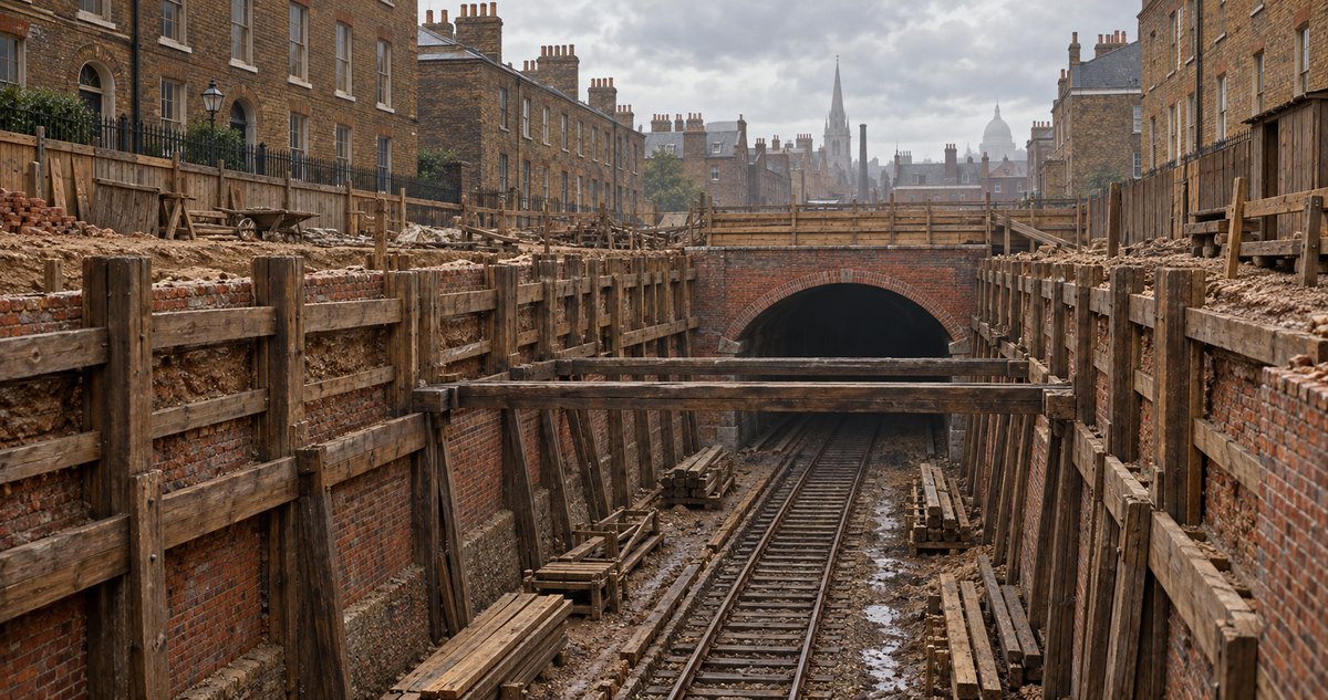 AI-generated historical reconstruction of a Victorian railway trench with timber bracing and a brick tunnel arch