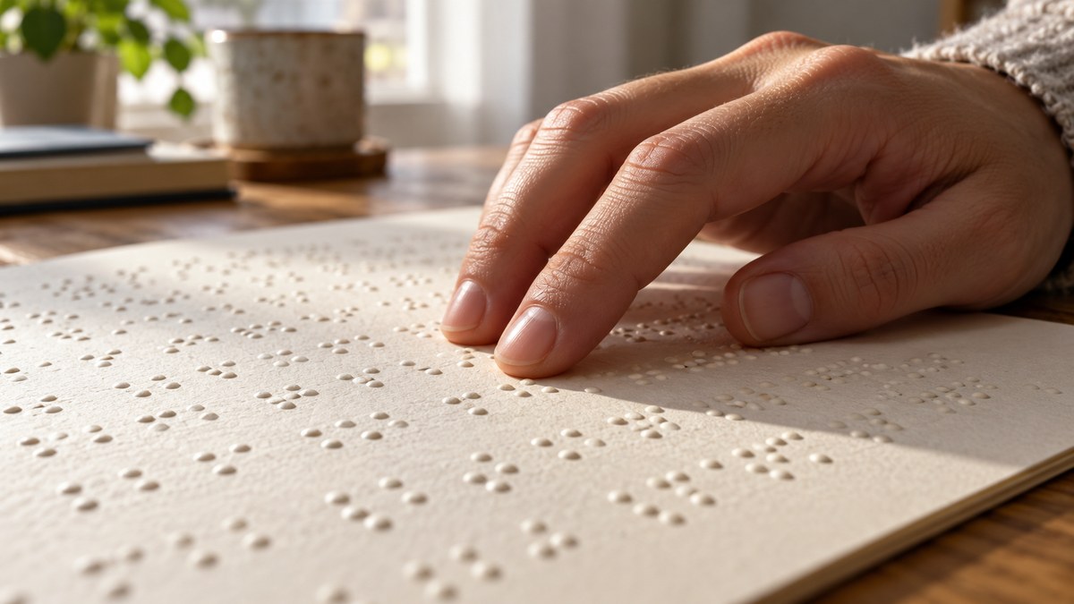 AI-generated representative close-up of a hand following raised dots on paper