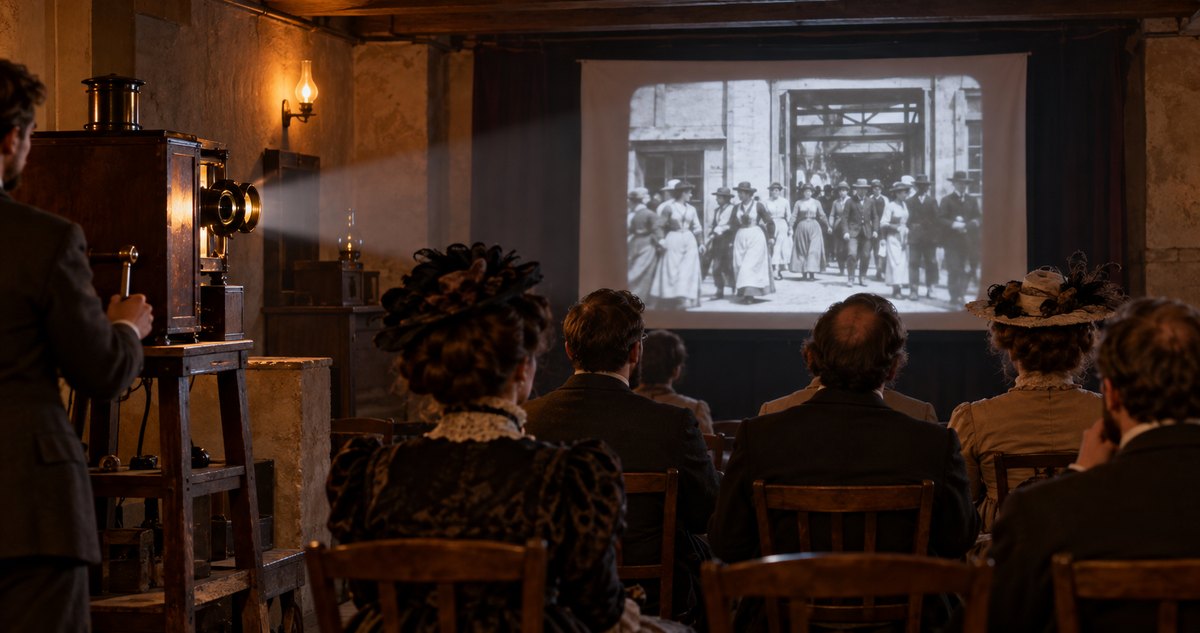 AI-generated reconstruction of a small nineteenth-century film screening room