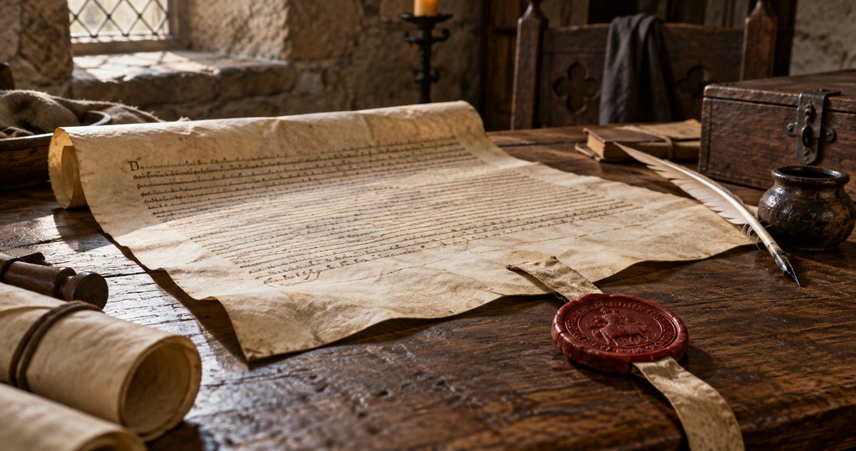 AI-generated historical reconstruction of a generic medieval parchment charter with an attached wax seal