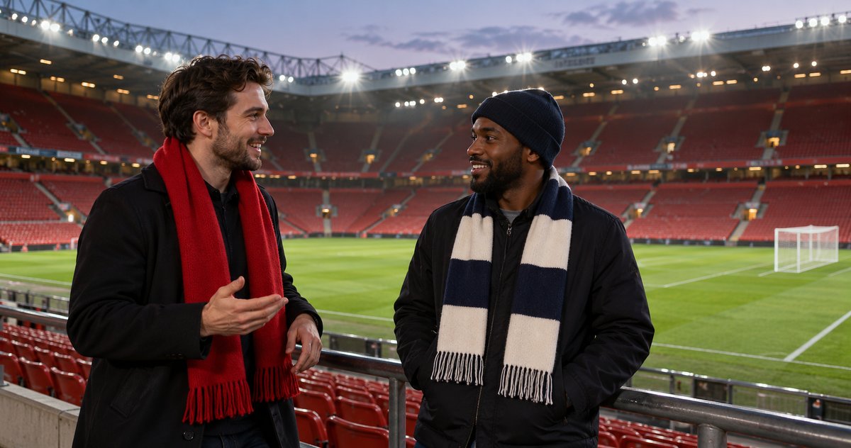 AI-generated representative scene of fictional supporters in red and white scarves talking beside a generic football pitch