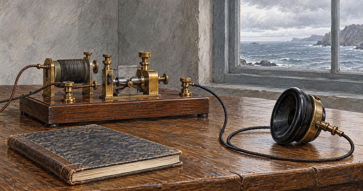 AI-generated historical illustration of generic early wireless receiving equipment and a telephone earpiece on a wooden table