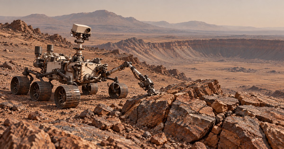 AI-generated realistic image of a robotic rover examining fractured rocks in a dry Martian landscape
