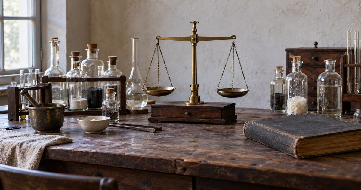 AI-generated photo-style nineteenth-century chemistry bench with a brass balance and cork-stoppered glassware