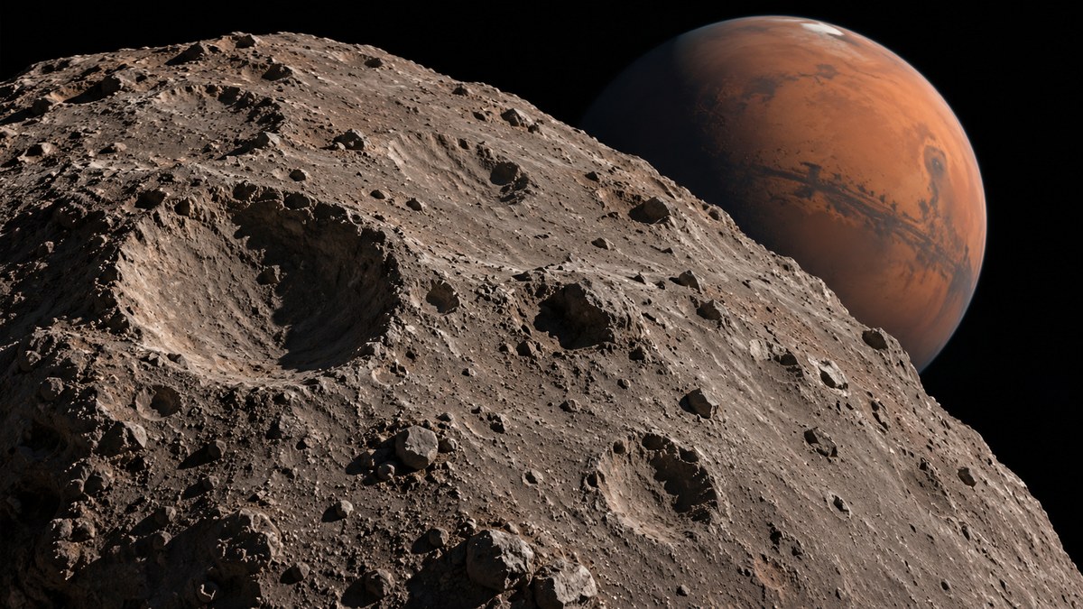 AI-generated conceptual view of the cratered moon Phobos with reddish Mars in the distance