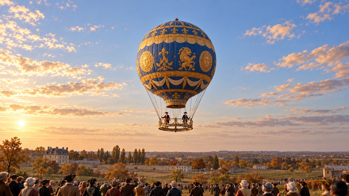 AI-generated historical reconstruction of a blue-and-gold eighteenth-century balloon with an open gallery