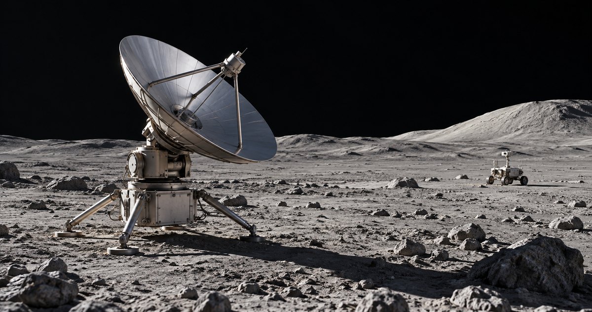 AI-generated conceptual communications antenna and distant rover on the Moon