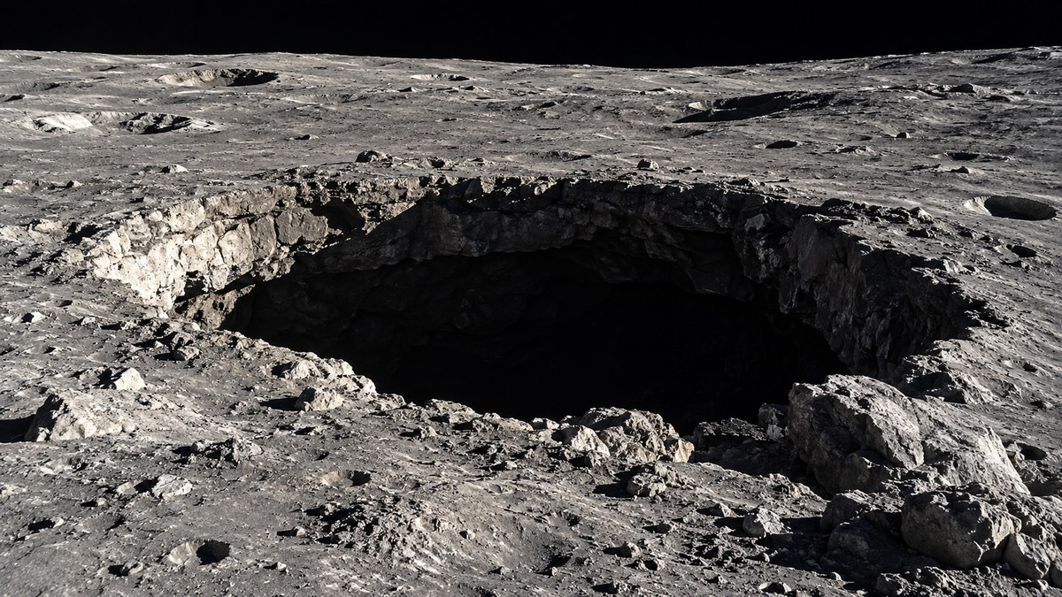 AI-generated representative lunar collapse pit with a dark opening in grey rocky terrain