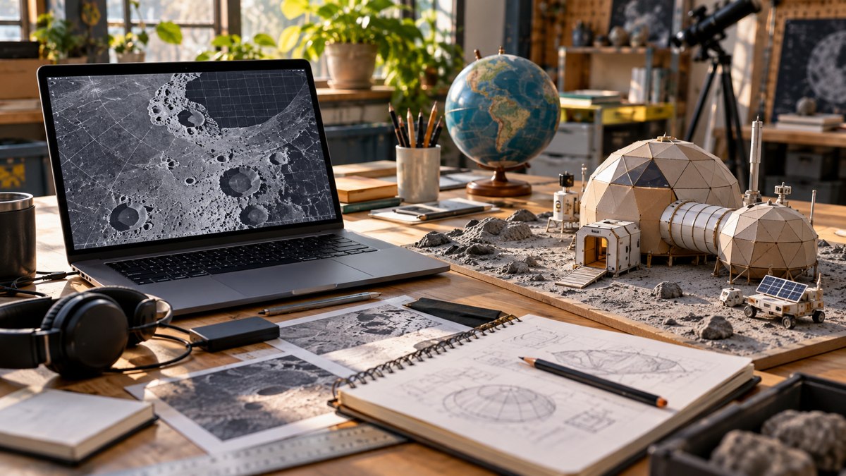 AI-generated illustrative makerspace table with a laptop and a model Moon habitat
