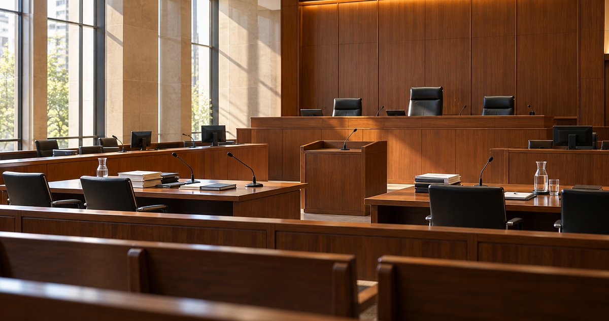 AI-generated representative scene of an empty contemporary courtroom with wood desks and microphones