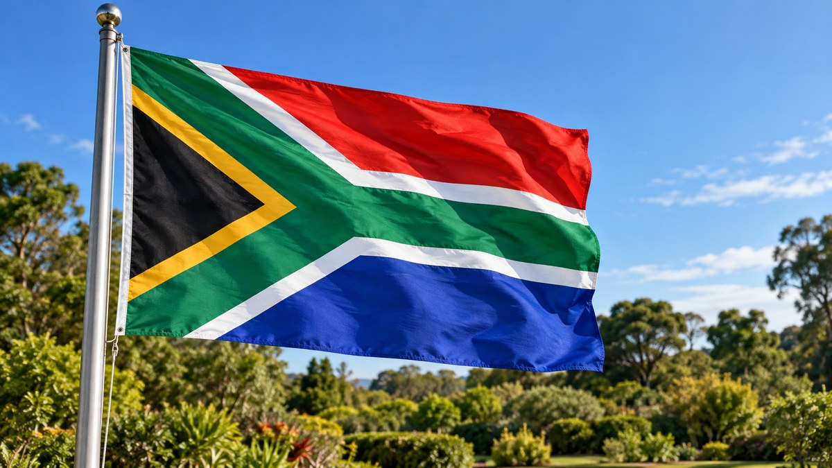AI-generated representative South African national flag flying above a green garden