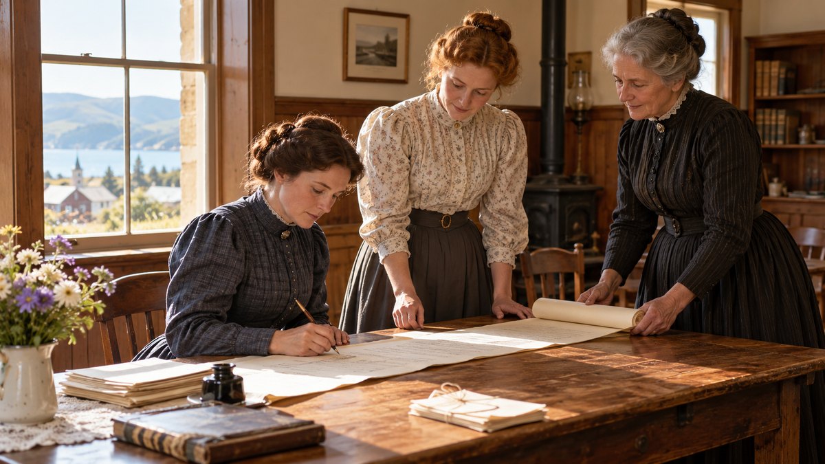 AI-generated historical reconstruction of women gathering a paper petition in a New Zealand room around 1893