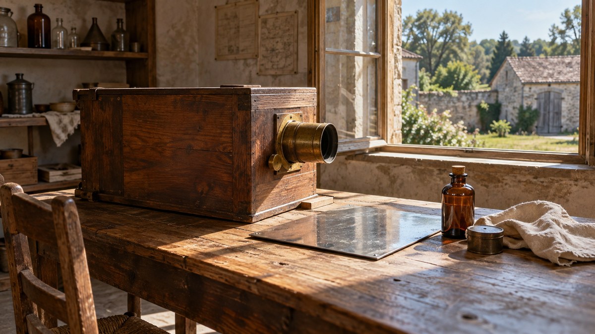 AI-generated representative early nineteenth-century camera obscura workroom beside a sunlit window