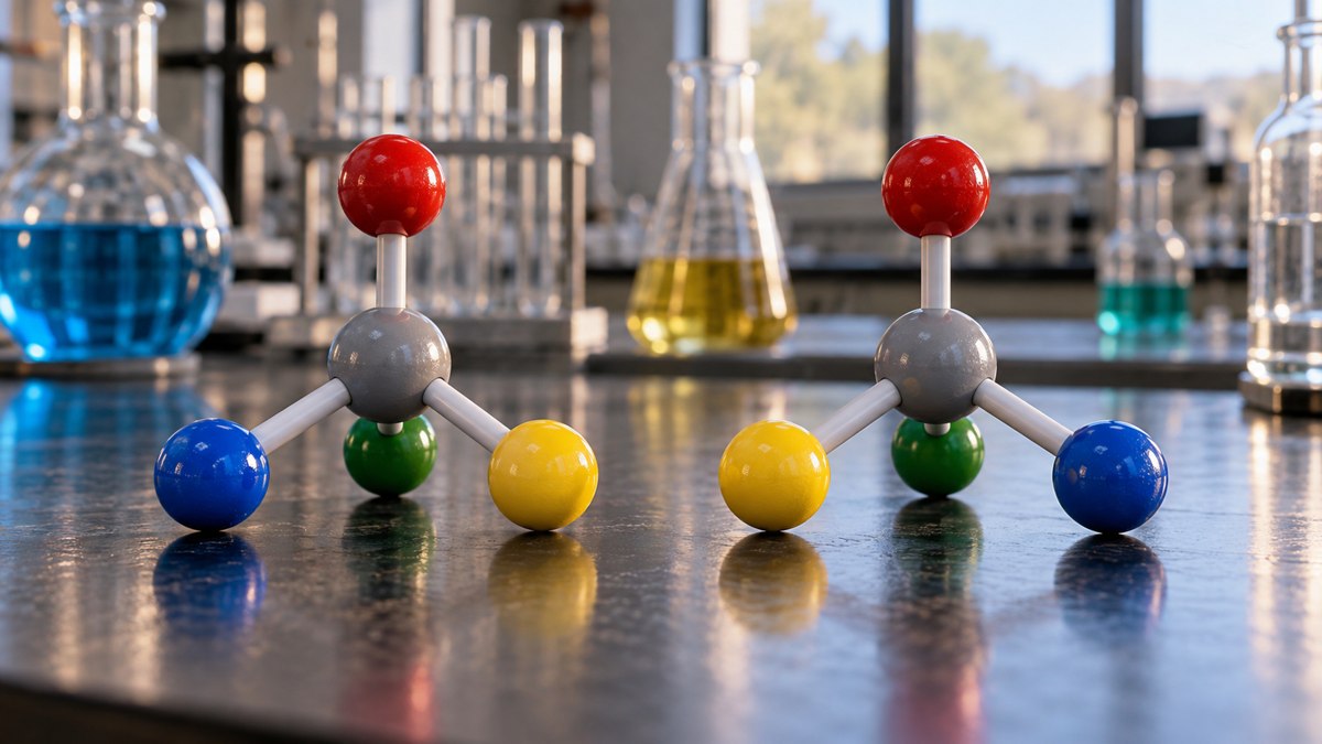 AI-generated conceptual chemistry models illustrating opposite handedness