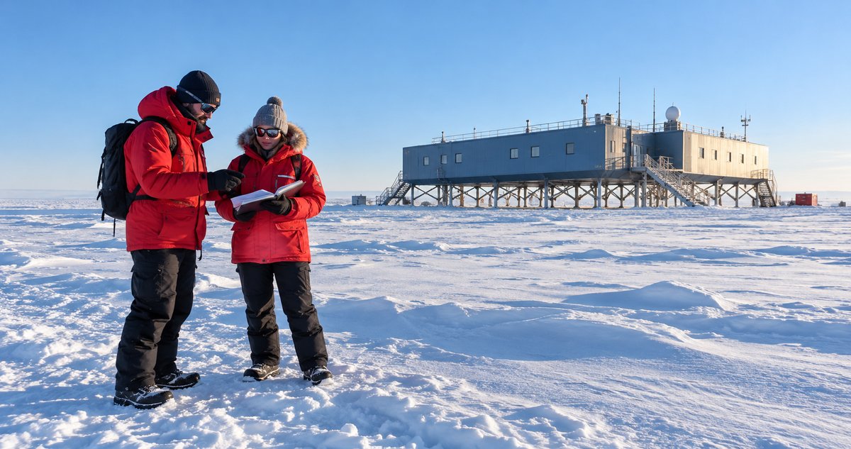 AI-generated representative scene of fictional polar researchers near a generic South Pole research station