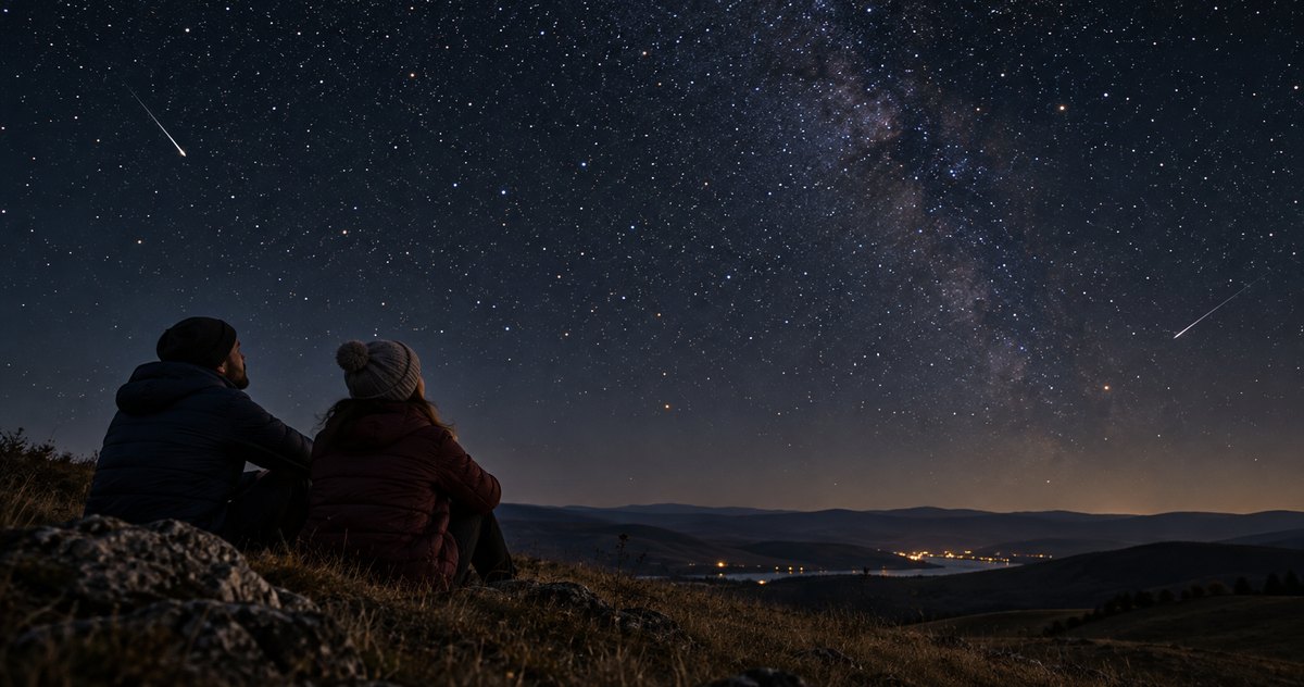 AI-generated imagined scene of two adult stargazers under a dark sky with two modest meteor streaks