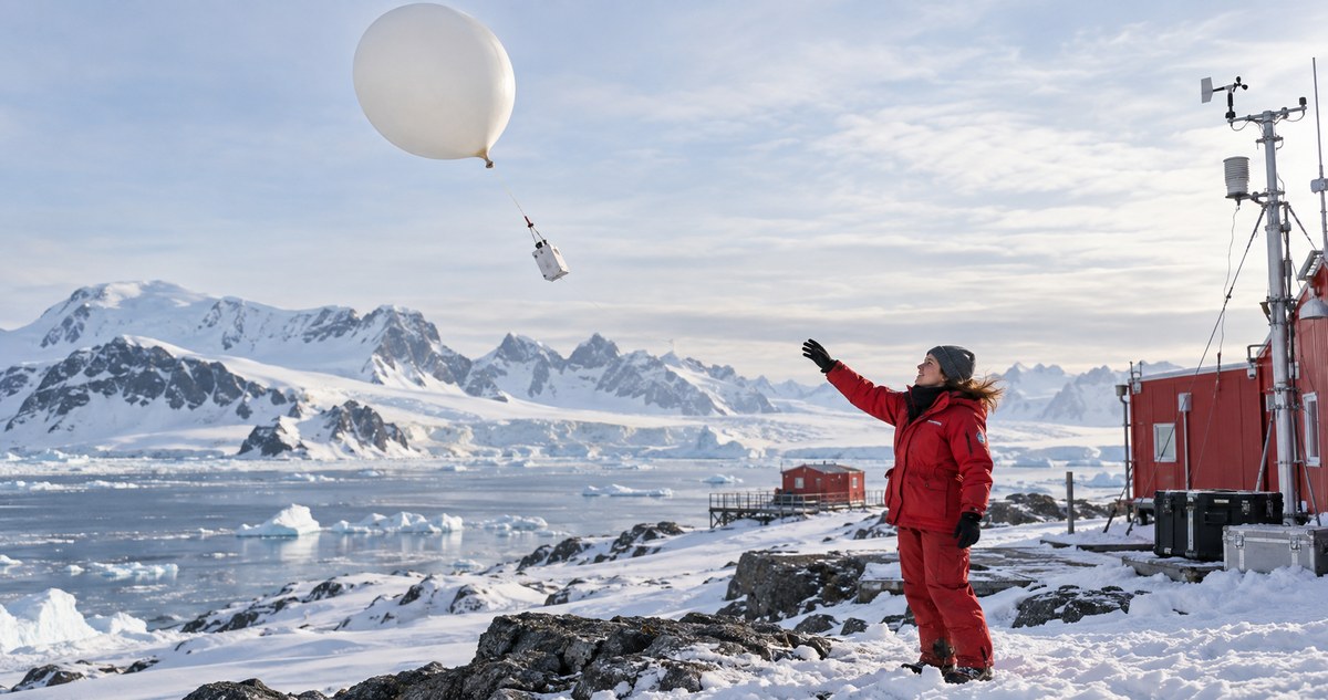 AI-generated realistic scene of a fictional atmospheric scientist releasing a weather balloon in an Antarctic-inspired landscape