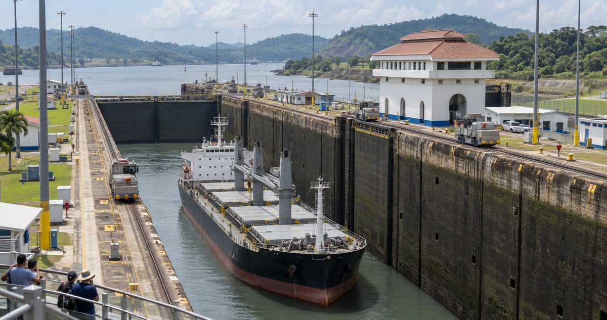 AI-generated representative contemporary Panama Canal lock with a cargo ship and tropical hills