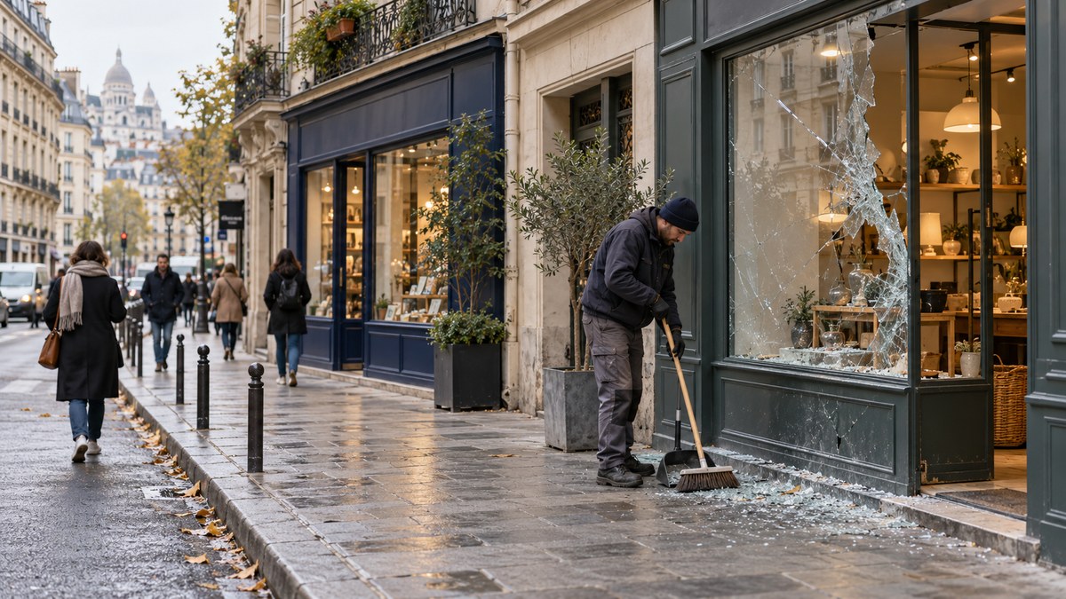 AI-generated representative Paris street with a worker sweeping glass outside a damaged shop