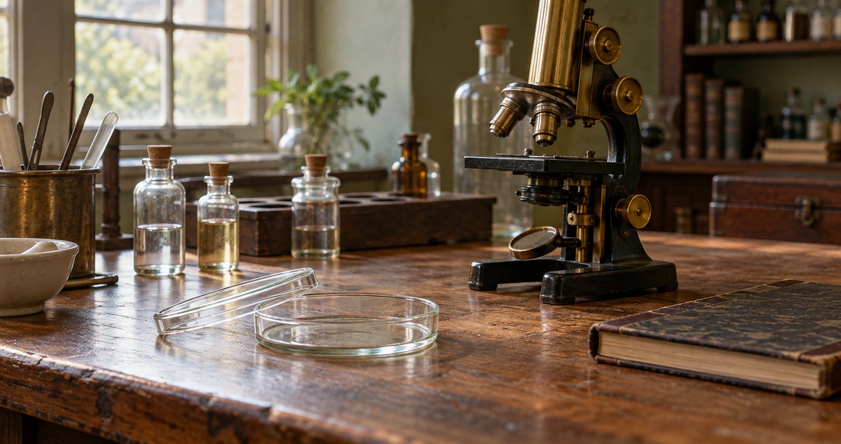 AI-generated historical laboratory still life with an empty glass Petri dish, a period microscope and reagent bottles
