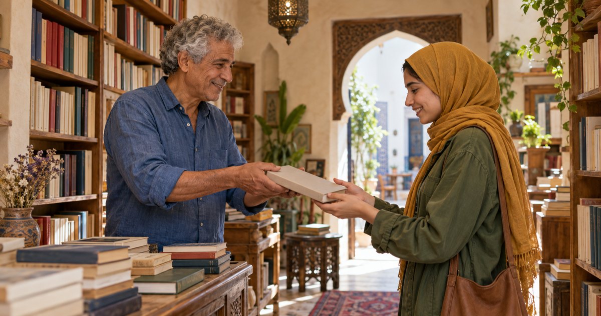 AI-generated realistic image of a bookseller passing a book to a young woman in a Moroccan-inspired bookshop