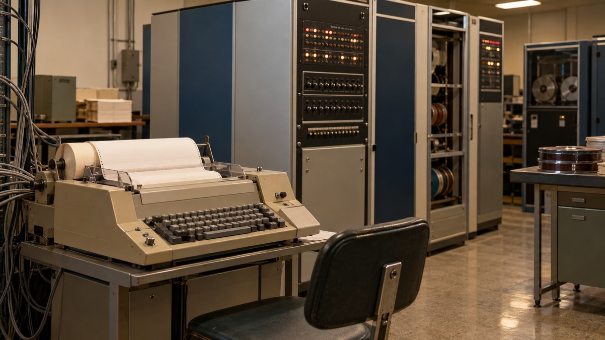 AI-generated reconstruction of a period teletype terminal and early computer cabinets