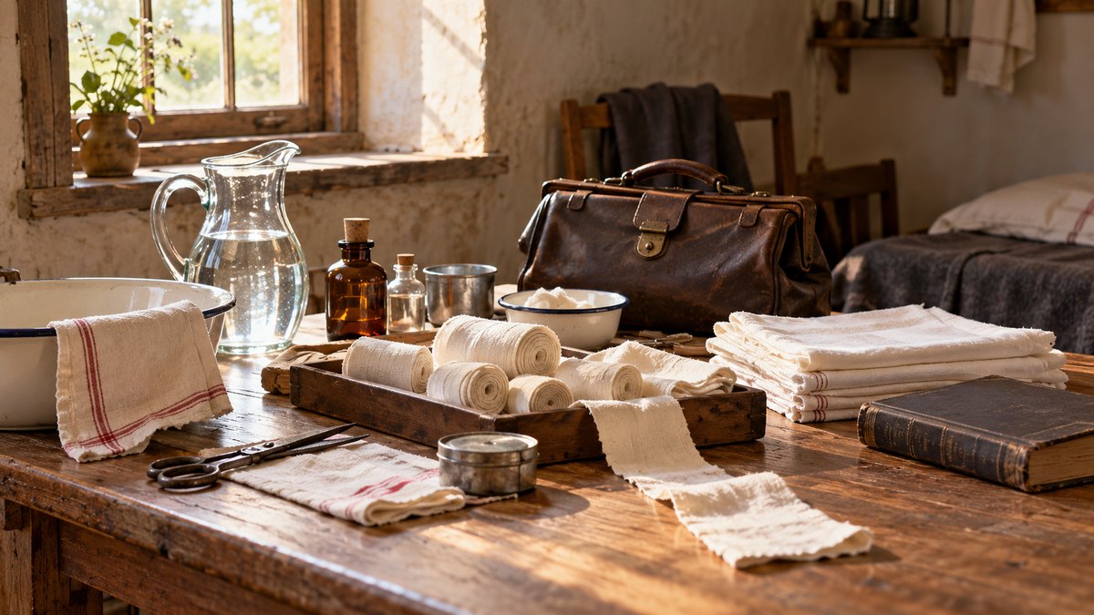 AI-generated historical still life of linen bandages, a leather medical bag and a book in a nineteenth-century room