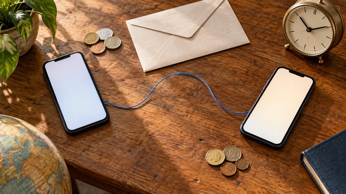 AI-generated illustrative phones, envelope, coins and clock suggesting a cross-border payment