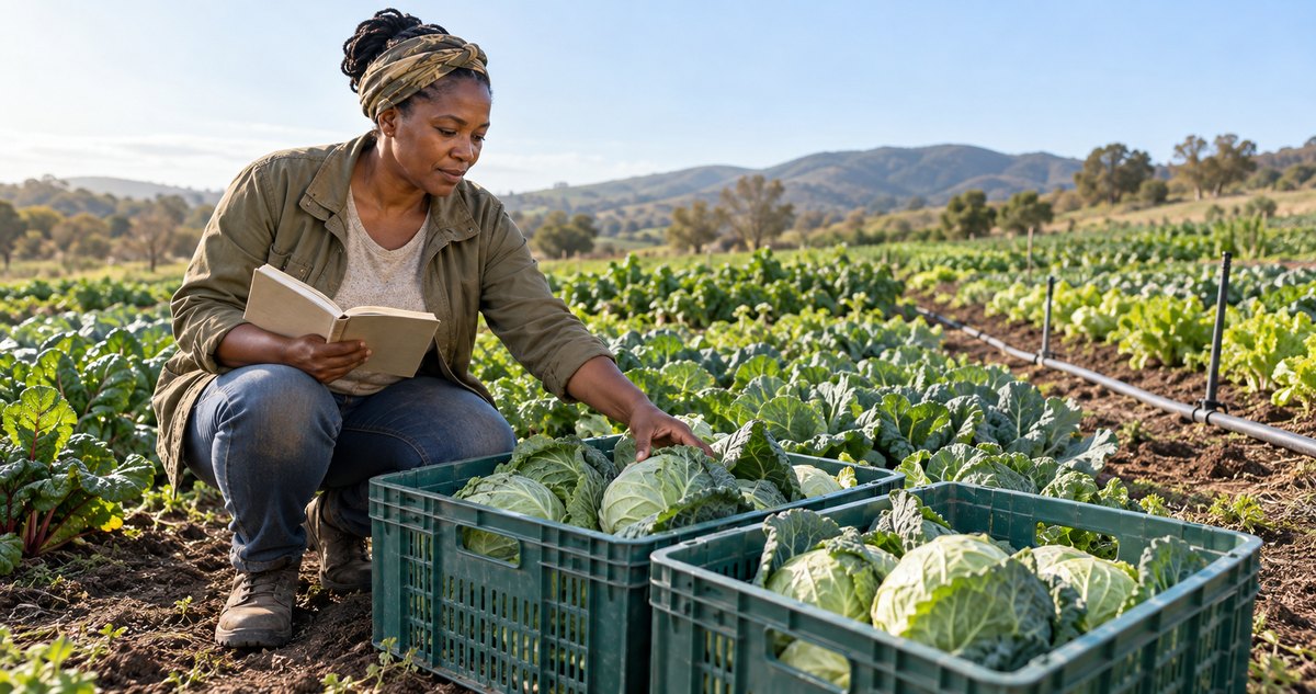 AI-generated fictional woman farmer checking cabbage crates beside vegetable rows