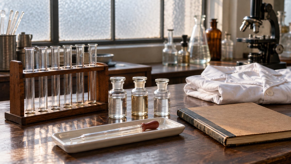 AI-generated representative 1950s laboratory bench with glass tubes, closed vials and a lab coat
