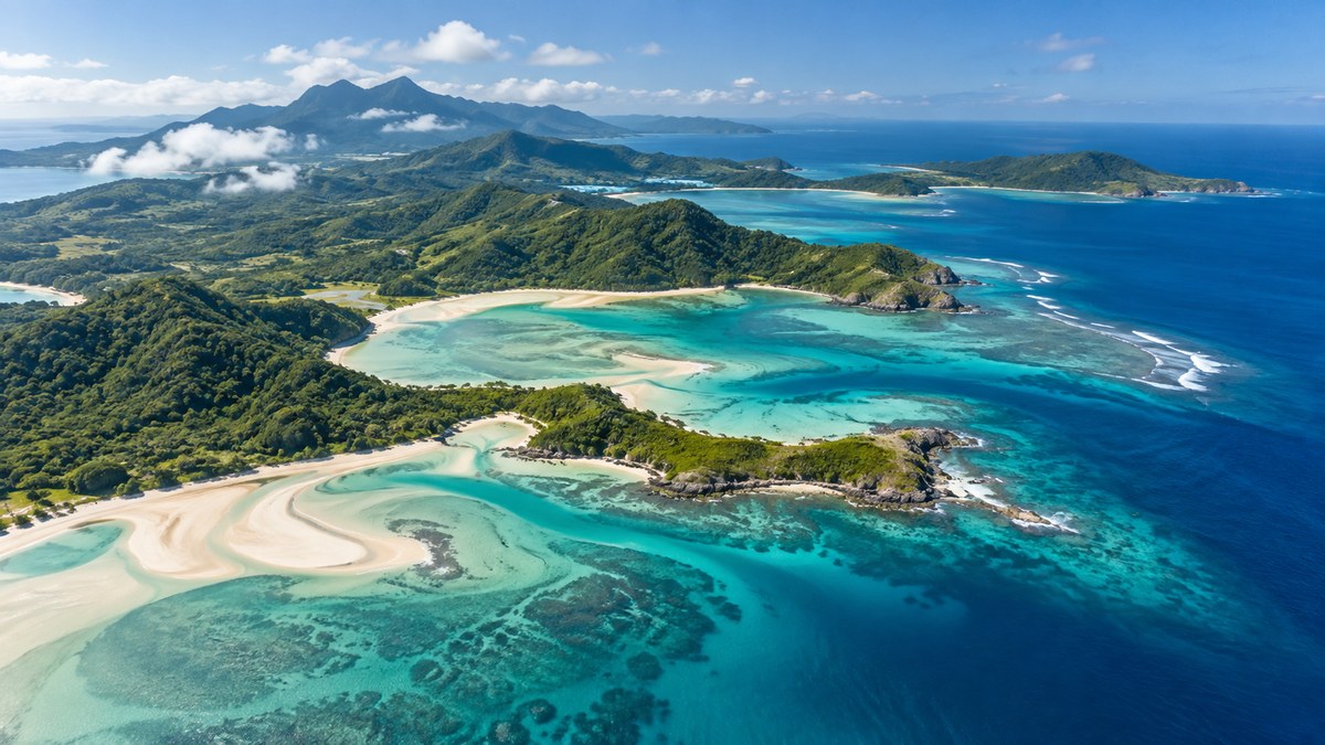 AI-generated representative view of turquoise shallows and a tropical coastline from high above