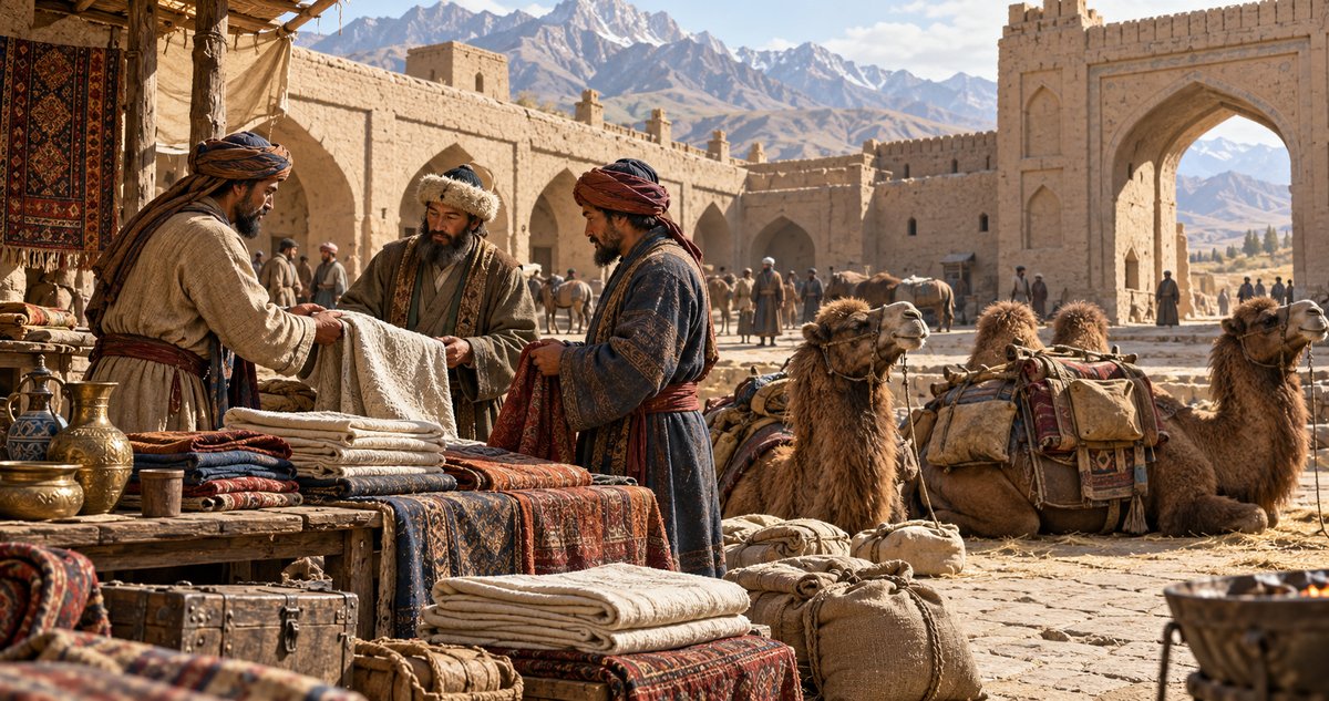 AI-generated historical reconstruction of fictional merchants exchanging cloth beside Bactrian camels in a Central Asian courtyard
