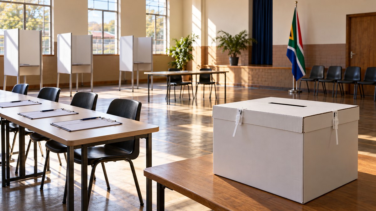 AI-generated illustrative South African community hall prepared for voting