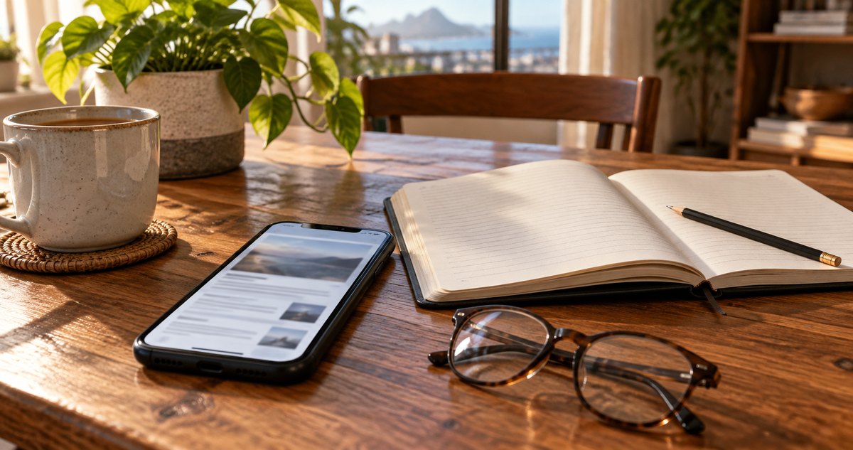 AI-generated phone beside a notebook, reading glasses and pencil on a wooden table