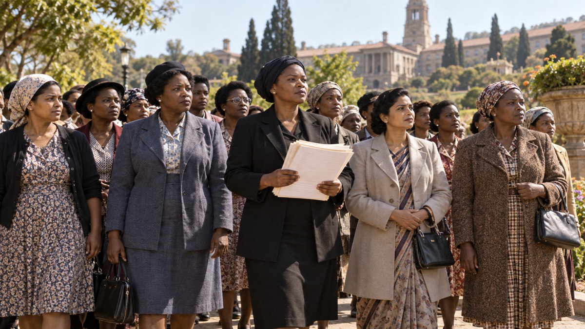 AI-generated reconstruction of South African women with petition papers in a 1950s civic garden