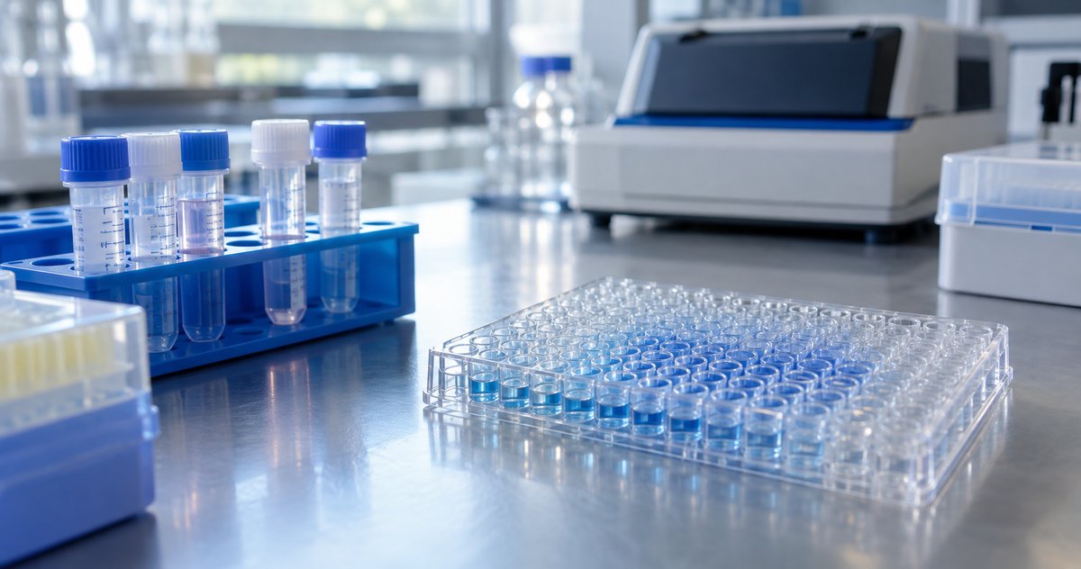 AI-generated representative laboratory bench with sample tubes and a clear microplate
