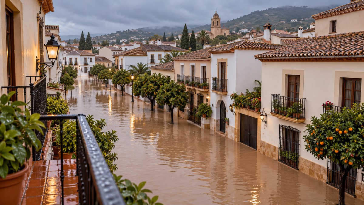 AI-generated representative rain-soaked Mediterranean street with muddy floodwater