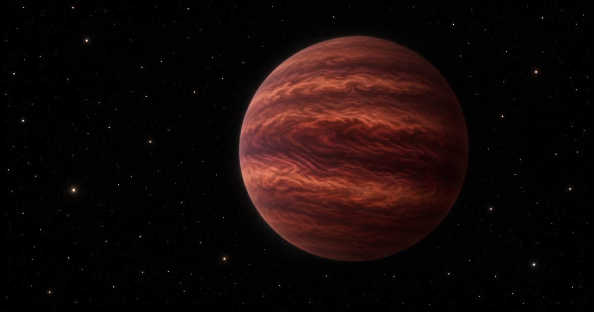 AI-generated artist's impression of a fictional brown dwarf with dim red cloud bands in space