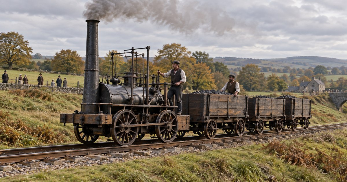 AI-generated realistic historical reconstruction of a small early steam locomotive pulling open wooden goods wagons through British countryside