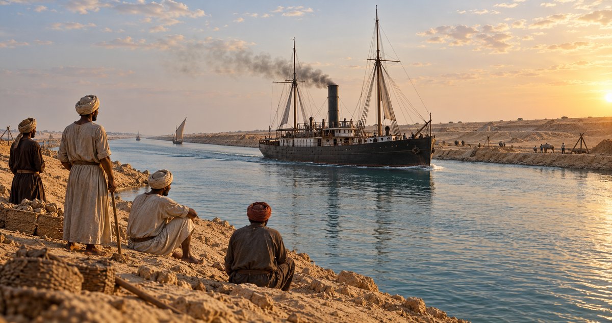 AI-generated historical reconstruction of a nineteenth-century steamship passing Egyptian workers beside a sandy canal bank