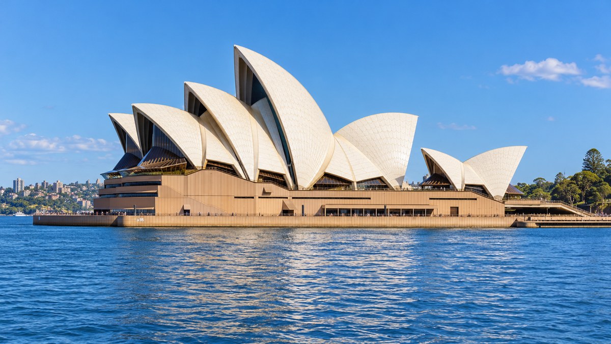 AI-generated contemporary illustrative view of Sydney Opera House across the harbour