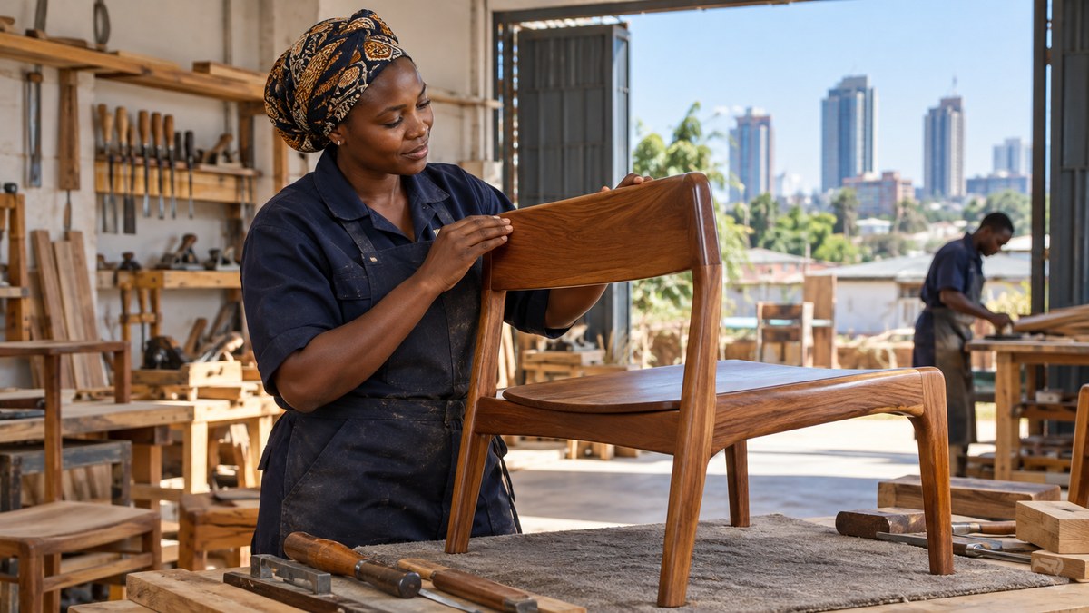 AI-generated illustrative Tanzanian furniture workshop with a craftsperson checking a chair
