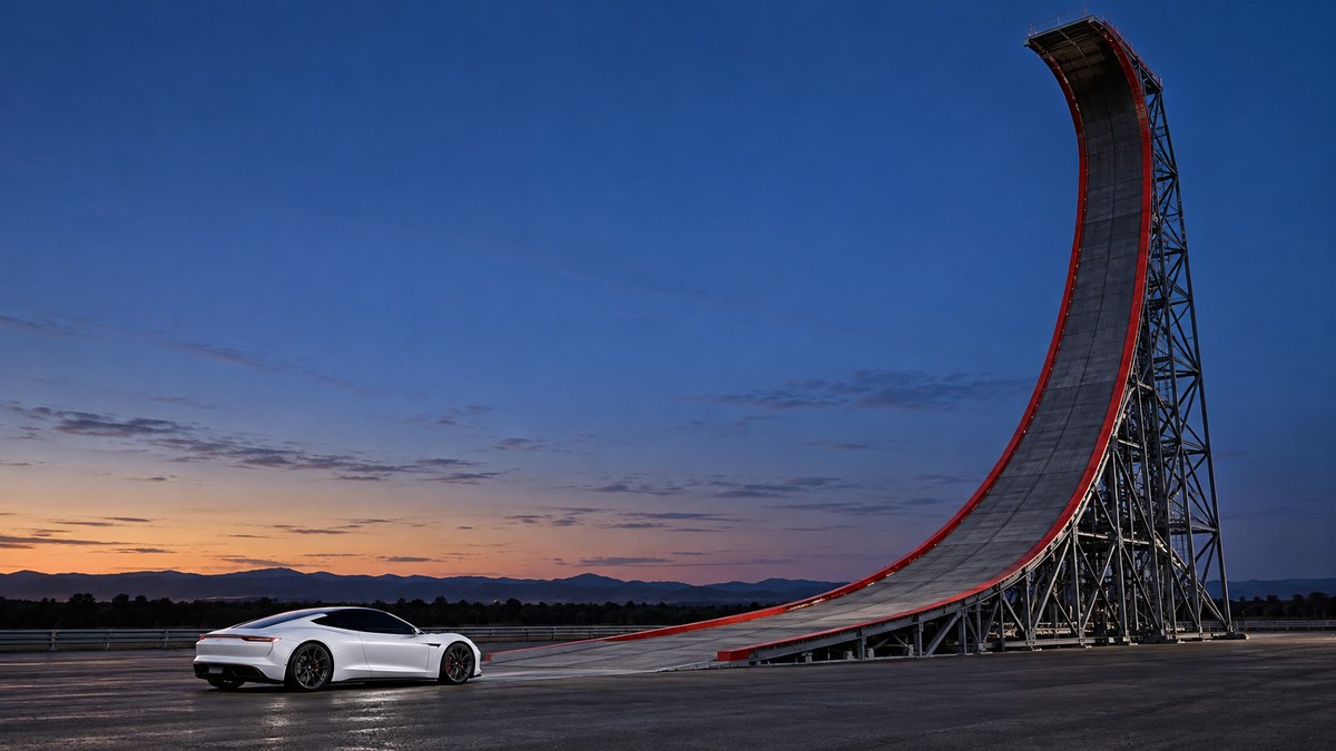 AI-generated representative white sports car beside a tall curved test ramp at dusk
