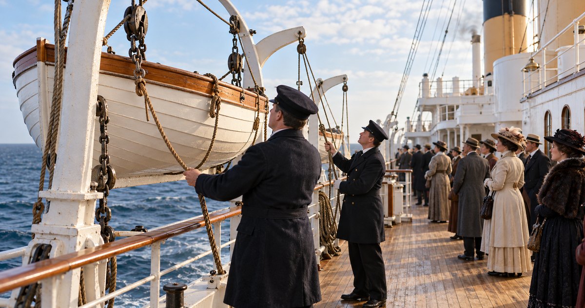 AI-generated historical reconstruction of fictional crew checking a wooden lifeboat on a generic early twentieth-century passenger ship