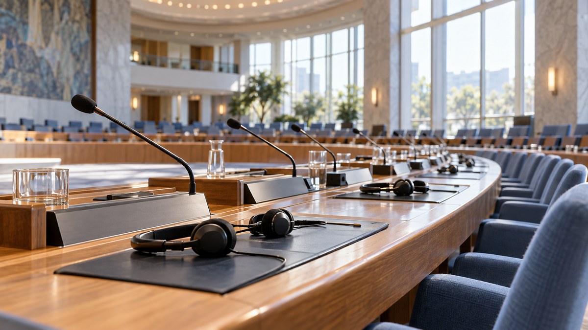 AI-generated illustrative empty international meeting room with microphones and headsets