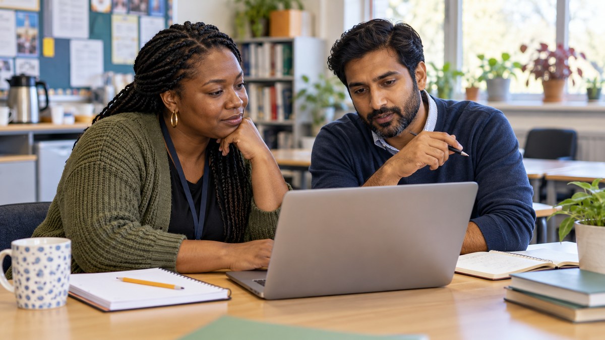 AI-generated representative scene of two adult teachers reviewing a laptop