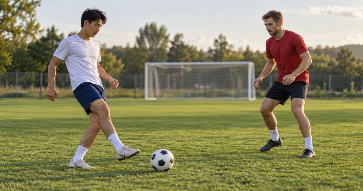 AI-generated scene of two fictional adult football players in white and red shirts practising a pass on a grass pitch