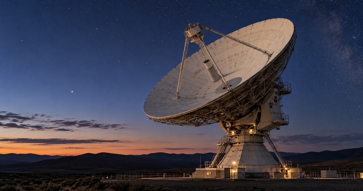 AI-generated realistic ground-based radio telescope dish beneath a twilight sky
