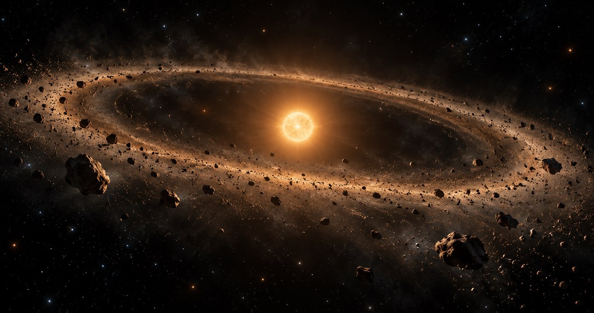 AI-generated realistic illustration of an imagined young star surrounded by a ring of rocky debris and dust