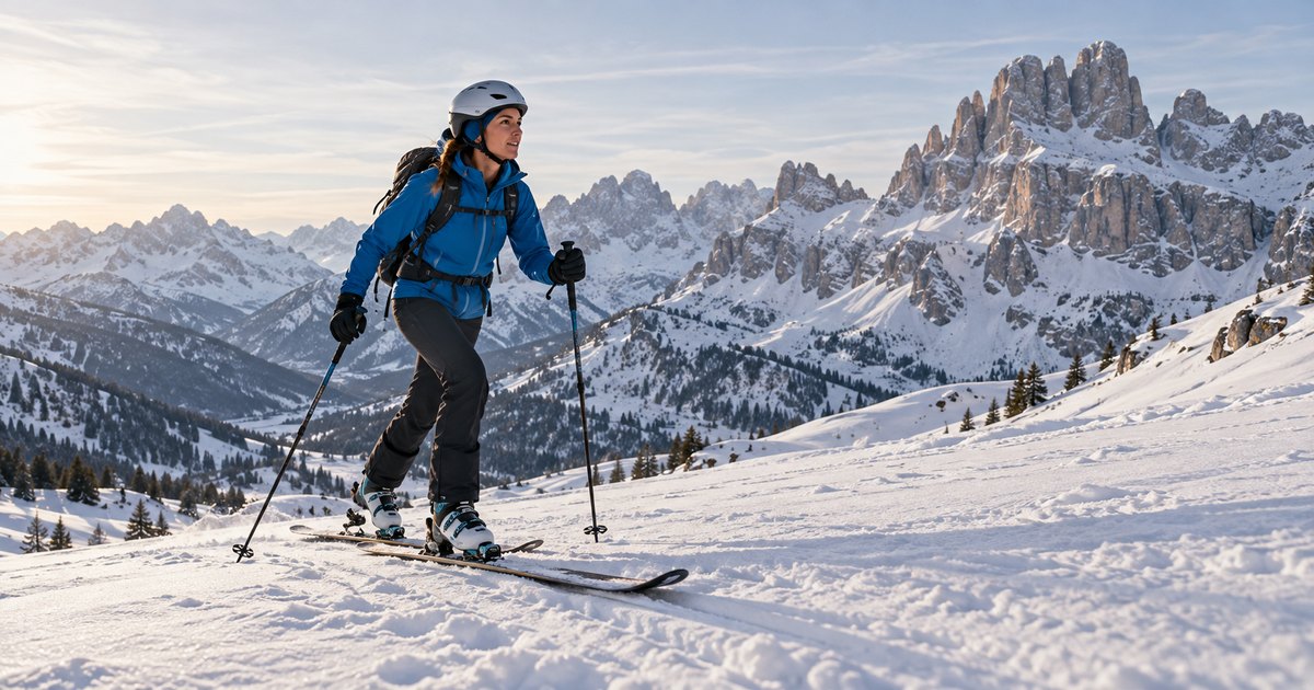 AI-generated realistic image of a woman climbing a snowy alpine trail on touring skis